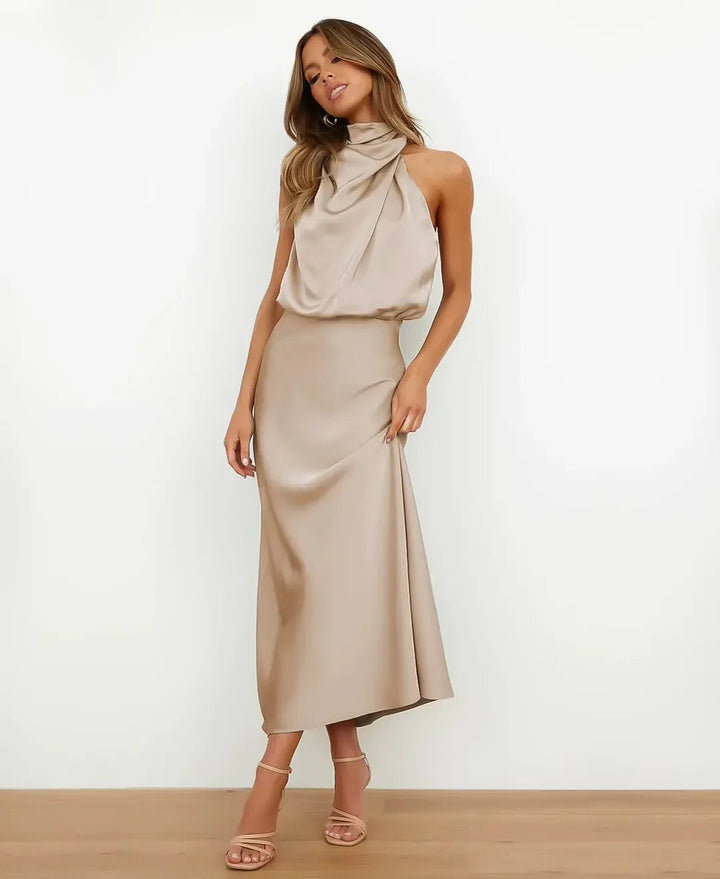 Aleksandra | Sukienka Midi Satynowa Damska Halter Formalna Wieczorowa