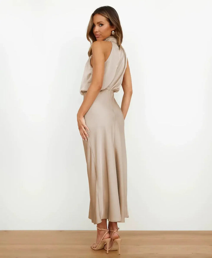 Aleksandra | Sukienka Midi Satynowa Damska Halter Formalna Wieczorowa