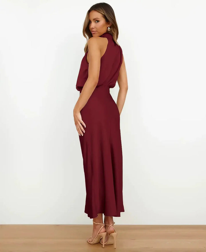 Aleksandra | Sukienka Midi Satynowa Damska Halter Formalna Wieczorowa