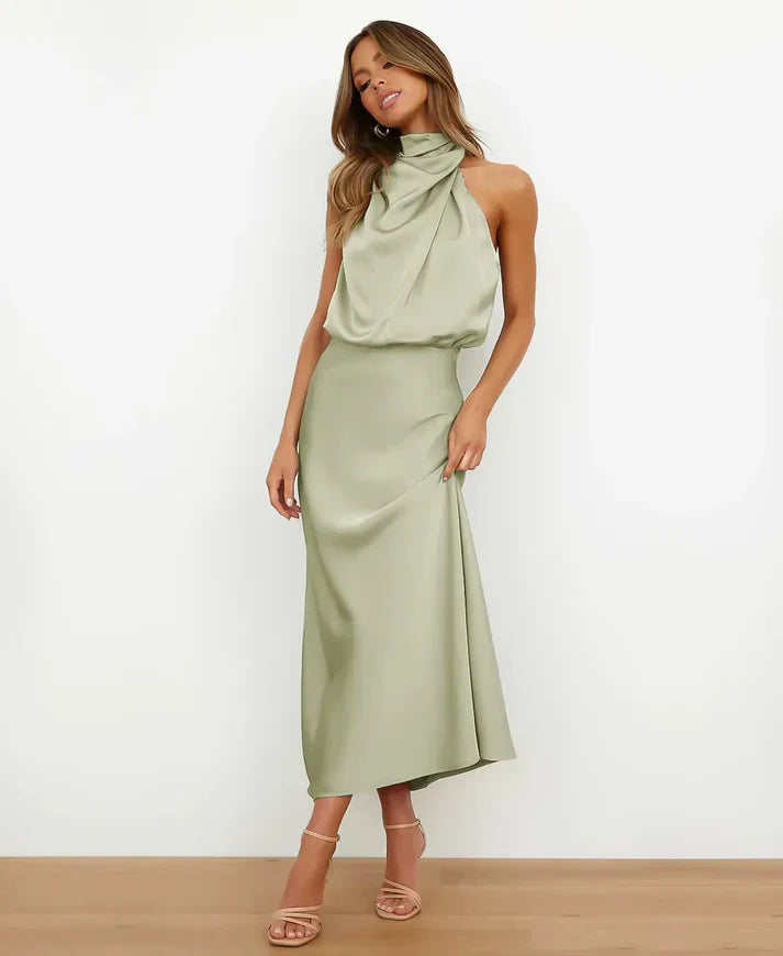 Aleksandra | Sukienka Midi Satynowa Damska Halter Formalna Wieczorowa