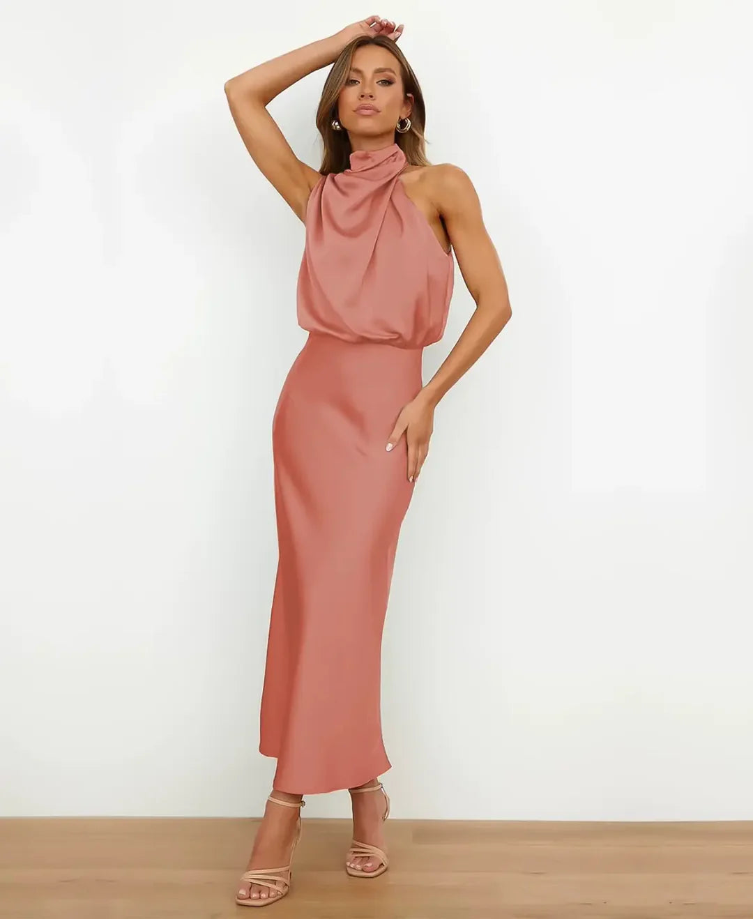Aleksandra | Sukienka Midi Satynowa Damska Halter Formalna Wieczorowa