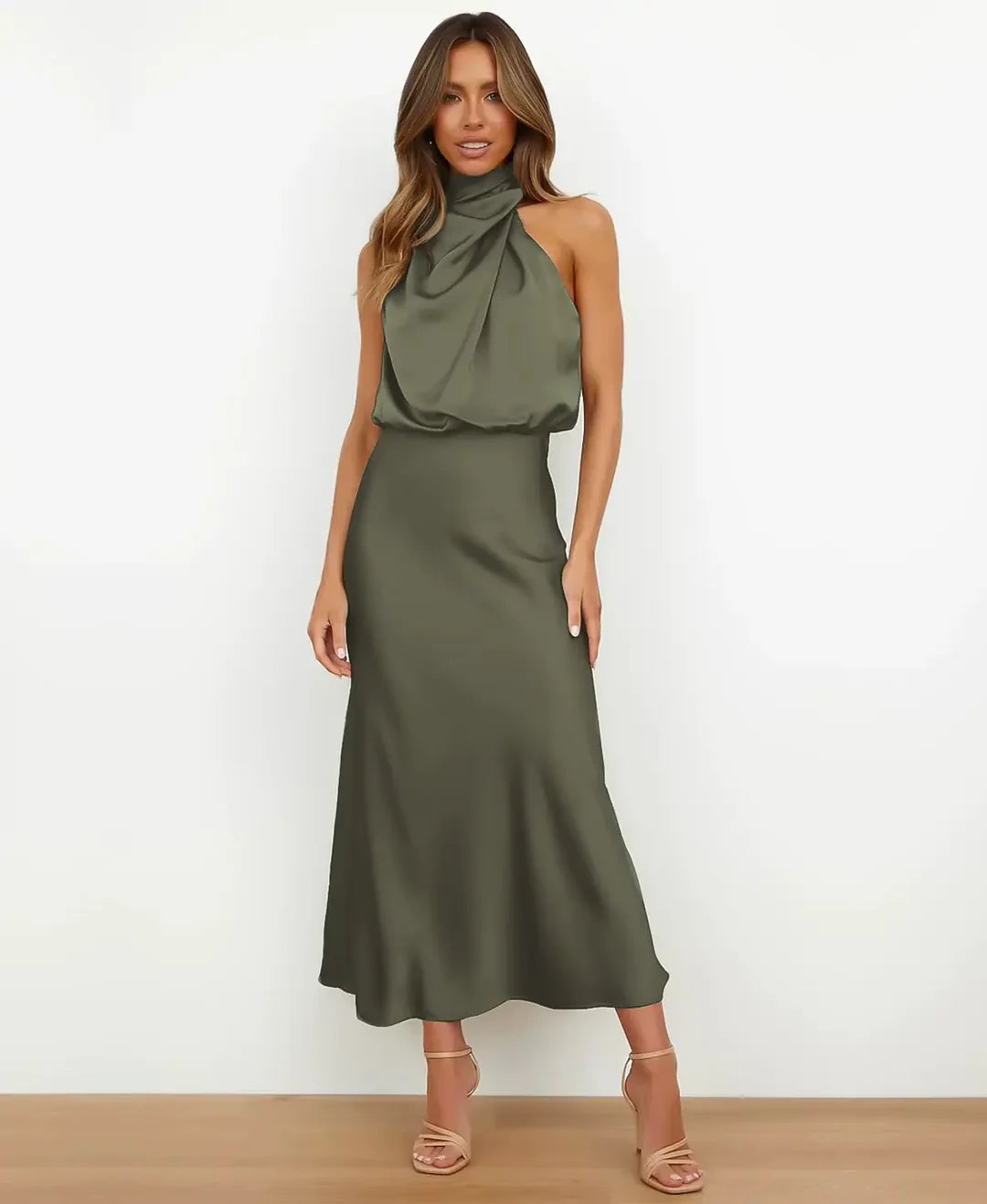 Aleksandra | Sukienka Midi Satynowa Damska Halter Formalna Wieczorowa