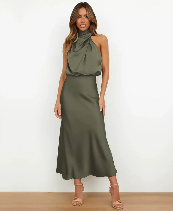 Aleksandra | Sukienka Midi Satynowa Damska Halter Formalna Wieczorowa