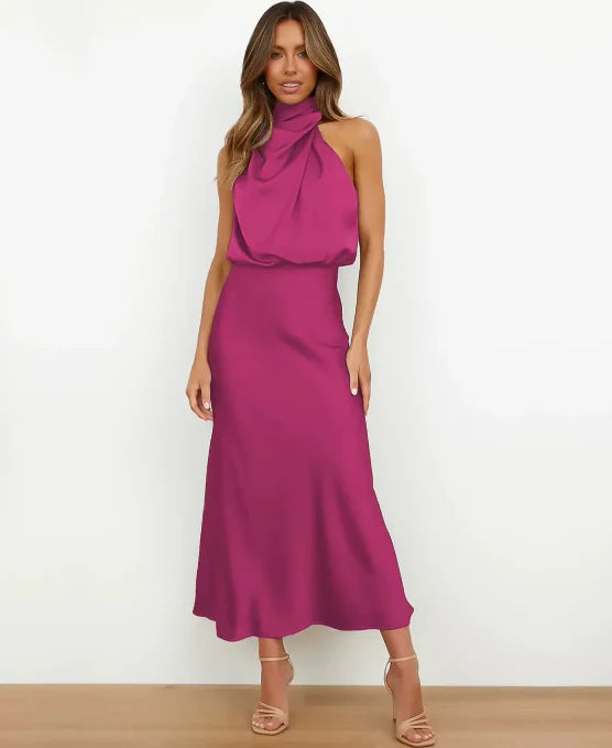 Aleksandra | Sukienka Midi Satynowa Damska Halter Formalna Wieczorowa