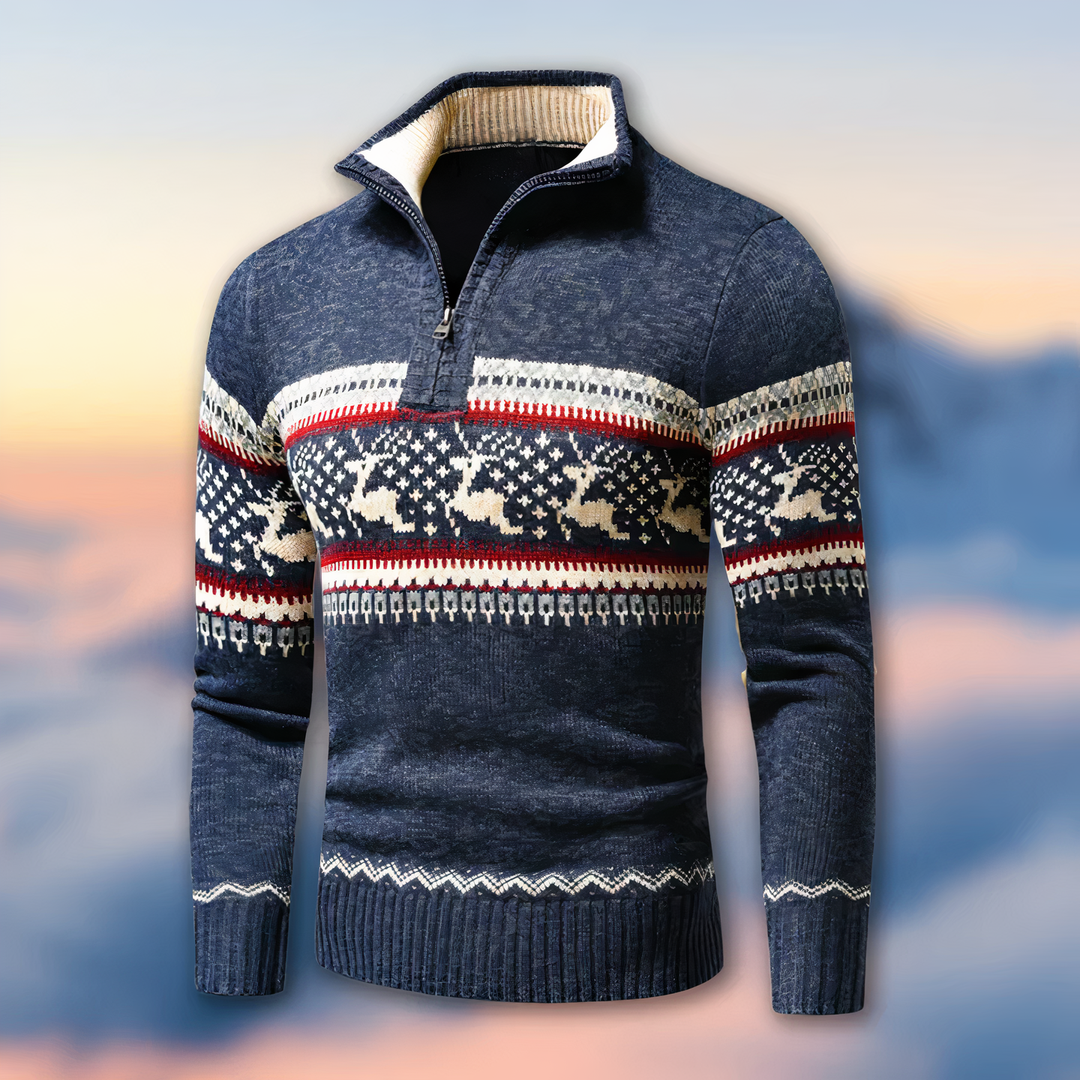 Viktor | Sweter Męski Fair Isle z Zamkiem 1/4 i Stójką